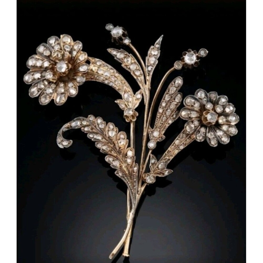 ANTIQUE  FLORAL ROSE CUT DIAMOND BROOCH